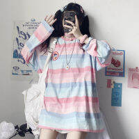 2022 Autumn Long-sleeved Cute Rainbow T-shirt Oversize Top Striped Loose Bottoming Shirt Fashionable Korean Womens Clothing Baju Murah