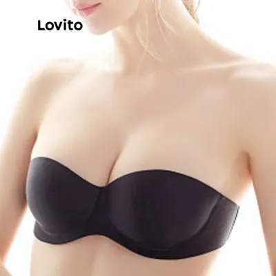✠♤ 2063 Lovito เสื้อชั้นในไร้โครง เม็ดมีดแบบถอดไม่ได้ สีพื้น สไตล์หรูหรา สำหรับผู้หญิง L344L016 (สีดำ/สีแอปริคอท)