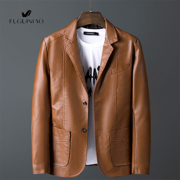 fuguiniaoเสื้อแจ็คเก็ตหนังผู้ชาย-เสื้อโค้ททรงหลวมเทรนด์ฤดูใบไม้ร่วงเสื้อแจ็คเก็ตหนังผู้ชาย