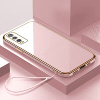 (คลังสินค้าพร้อม) เคสเคสมือถือสำหรับ Vivo Y20 /Y20 2021/Y20i/Y20S G/Y20S พร้อมฟรีสายคล้อง + สีทึบเรียบง่ายปลอกชุบขอบสี่เหลี่ยมฝาหลังอ่อน