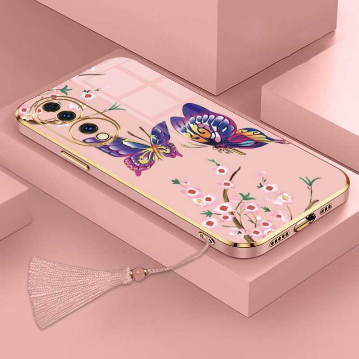 เคสสำหรับ-honor-70-5g-huawei-nova-9se-nova-9ผีเสื้อที่สวยงามหรูหราพร้อมเคสป้องกันกล้องดอกไม้เคสโทรศัพท์ขอบชุบซิลิโคนนิ่มพร้อมฟรีสายคล้อง