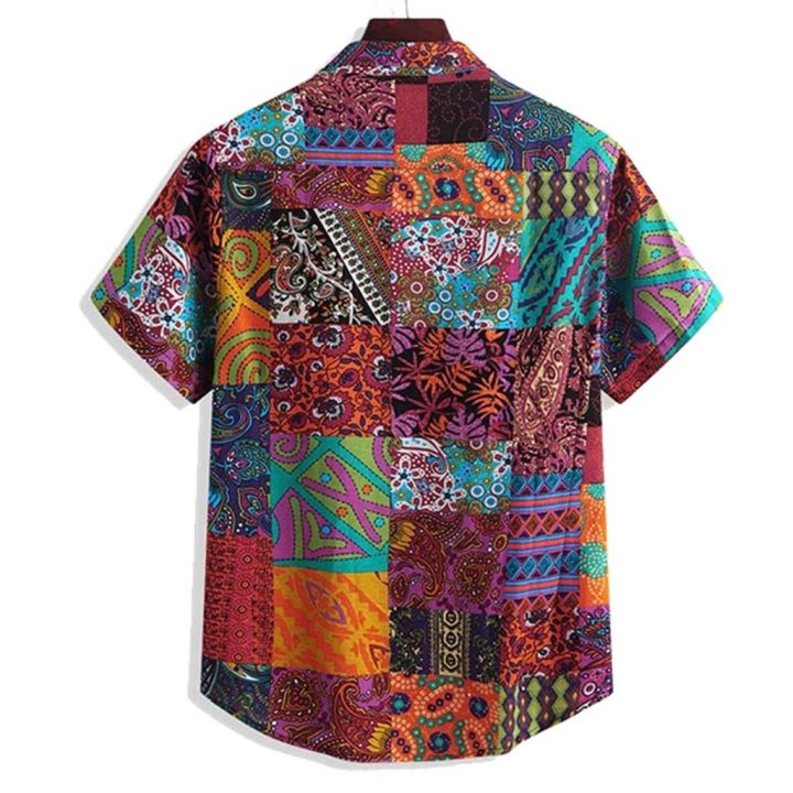 เสื้อแขนสั้นพิมพ์ลายสไตล์ชาวฮาวายสำหรับผู้ชาย-เสื้อลายเรขาคณิตพื้นบ้านสีสันเสื้อเชิ้ตลายดอกฤดูร้อนลำลอง