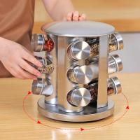 Cylindrical Stainless Steel Glass Rotating Seasoning Jar Set Portable Transparent Spice Jar Set With Storage Shelf Kitchen Tools