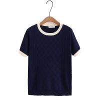 【มีไซส์ใหญ่】Plus Size Womens XL-4XL Short Sleeve Patchwork Summer Shirts Oversized Knitted Navy Blue Beige Female Tops