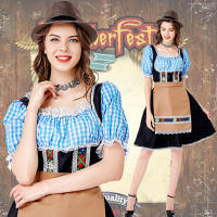 2ชิ้น/เซ็ตเครื่องแต่งกายผู้หญิง Oktoberfest ชุดเดรสแขนสั้นพิมพ์ลายสก๊อตพร้อมผ้ากันเปื้อนชุดคอสเพลย์ Beauty And The BEAST