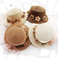 New Parent child Summer New Women 39;s Sun Hat Bucket cap beige lace Bowknot Flowers Ribbon Flat top Straw Hat Beach Caps Panama