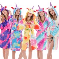 [Xiaoli clothing] ผู้หญิงฤดูหนาว Flannel เสื้อคลุมอาบน้ำการ์ตูนยาว Robe Unicorn Robes ชุดนอนผู้ใหญ่ Dressing Gown Hooded สัตว์ชุดนอน Bath ชุด