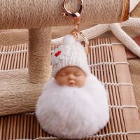 New Cute Sleeping Baby Fluffy Pompom Plush keychain Doll Hanging Pendant Key Ring Keychain/key ring Sleeping Baby Doll Keychain