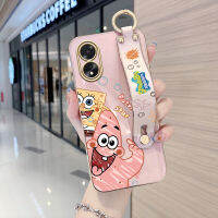 เคสใส่โทรศัพท์สำหรับ OPPO A18 A38 (มีสายรัดข้อมือ) นิ่มลายการ์ตูนขอบสี่เหลี่ยมน่ารัก (สพันชบ็อบสแควร์แพนท์) ปลอกหุ้มเคสโทรศัพท์ชุบหรูหราชุบเคสโทรศัพท์นิ่ม