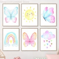 Cartoon Butterfly Horse Rainbow Sun Cloud Wall Art Painting Canvas Nordic Posters And Prints Wall Pictures For Kids Room Decor