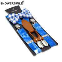 SHOWERSMILE Boys Suspenders Print Denim Blue Braces And Bow Tie Set Children Leather 4 Clips Elastic Adjustable Kid Pants Strap Boys Clothing