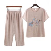 COD DSFGERRTYTRRE 【Set】Plus Size Suit Women Cotton and Linen Casual Floral Printed Short-sleeved Blouse Pants Two Piece Suits