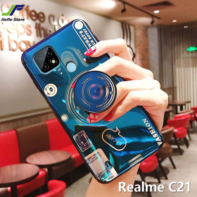 JieFie สำหรับ Realme C21 Blue Ray 3D กล้องเคสโทรศัพท์หรูหราซิลิโคนรูปสี่เหลี่ยมโทรศัพท์มือถือเคสโทรศัพท์ + วงเล็บ