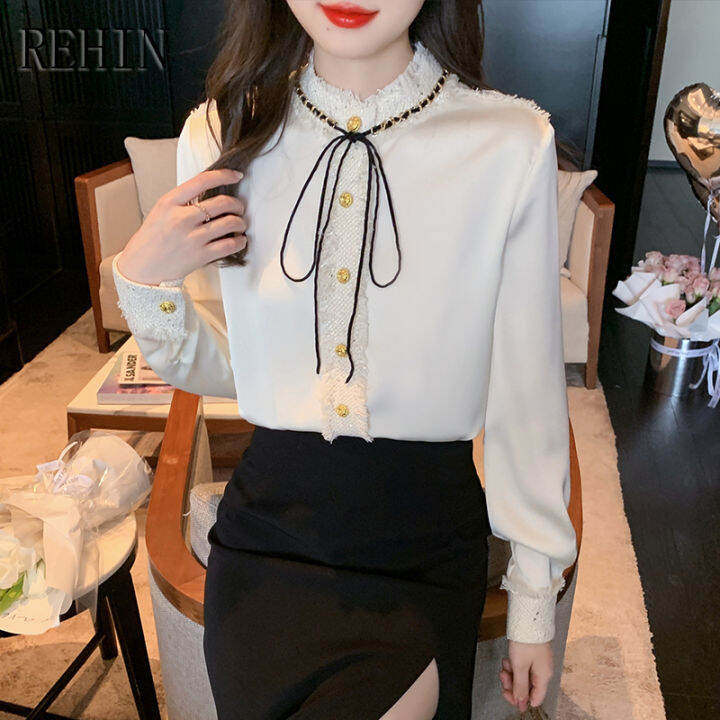 rehin-เสื้อเชิ้ตผ้าชีฟองเกาหลีแฟชั่นแบบใหม่สำหรับผู้หญิง-เสื้อเชิ้ตผ้าชีฟองติดโบว์กับเนคไทดีไซน์หรูหราสำหรับแขนยาวฤดูใบไม้ผลิ