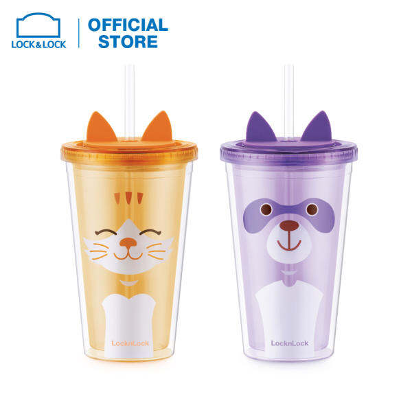 Ly nhựa Lock&Lock 2 lớp Animal Double Wall Cold Cup 520ml HAP512  – 2 màu , ống hút nhựa, hình con vật đáng yêu