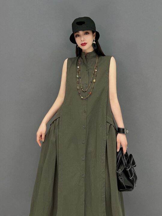 xitao-dress-loose-solid-color-casual-stand-collar-sleeveless-tanks-dress