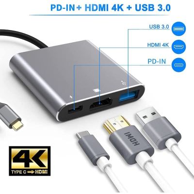 USB C to HDMI Multiport Adapter Thumderbolt 3 to HDMI 4K Video Converter/USB 3.0 Hub Port PD Quick Charging Port with Large Proj USB Hubs