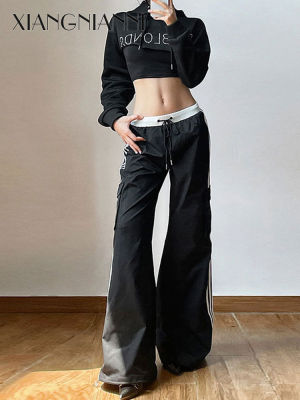 XIANG NIAN NI กางเกงขายาวผู้หญิง,กางเกงเอวสูงปักลายทางกางเกงสไตล์ยุโรปมีกระเป๋ากางเกงสไตล์ Y2K