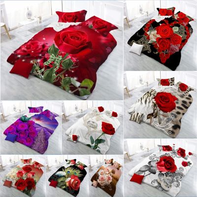 【jw】✶  Conjunto de cama linho com flor vermelha e edredom jogo casal capa edredom fronhas para
