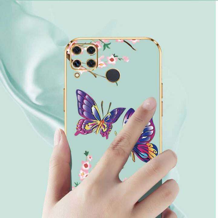 เคสสำหรับ-realme-c15ผีเสื้อสุดหรูพร้อมกล้องดอกไม้เคสโทรศัพท์ขอบซิลิโคนนิ่มฟรีสายคล้องปกป้องโทรศัพท์ขอบชุบ