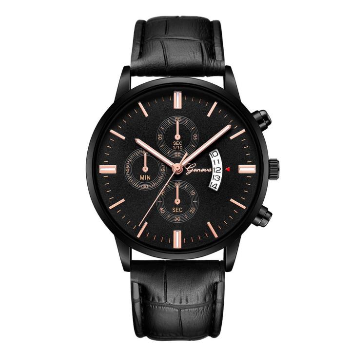 kingtop-นาฬิกา-geneva-สำหรับผู้ชาย-627หน้าปัดนาฬิกาสีดำขัดผิวหรูหราแฟชั่นหนังสเตนเลสนาฬิกาข้อมือธุรกิจของผู้ชาย2019