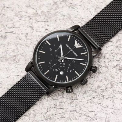 Armani นาฬิกาข้อมือสำหรับผู้ชาย,นาฬิกาควอตซ์แฟชั่นแบบลำลองสายสีดำของแท้