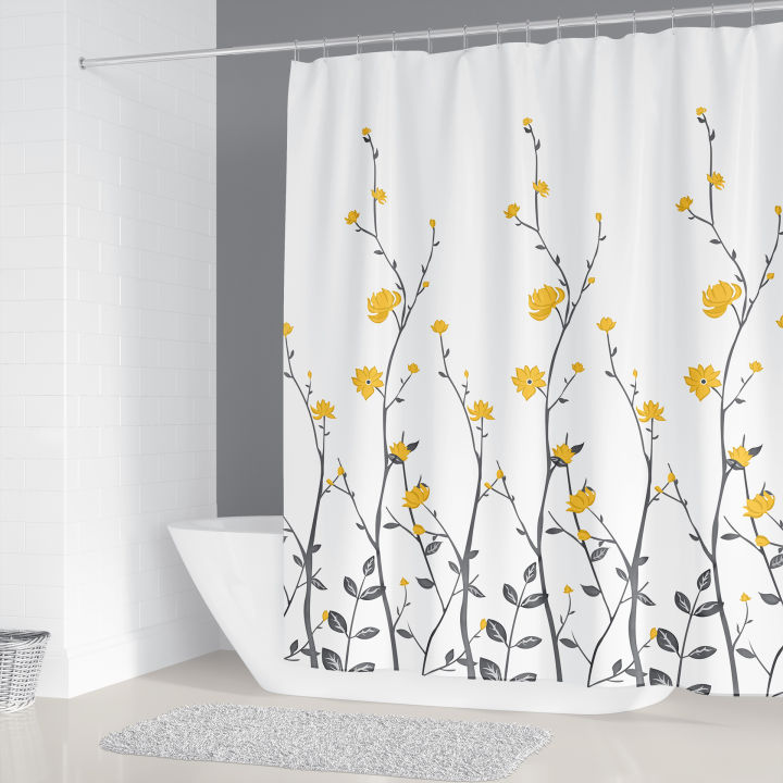 in-stock-amazon-สีขาวดอกไม้เล็กๆสีเหลืองม่านอาบน้ำชุด-พิมพ์ผ้าม่าน-ผ้าม่านห้องน้ำ-ปกอาบน้ำ
