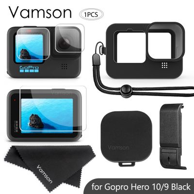 Vamson เคสป้องกันซิลิโคนสีดำสำหรับ Gopro Hero 10 9พร้อมฟิล์มกระจกเทมเปอร์เคสด้านข้างสำหรับ Gopro 11