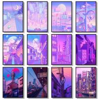 2023✘✿ Night City Pop Kyoto Wall Art Poster Osaka Tower City Street Midnight Matsuri Pink Canvas Painting Print Home Kawaii Room Decor