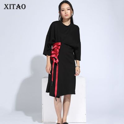 XITAO Dress Fashion Bandage Decoration Womens Loose Fitting Casual Black T-shirt Dress