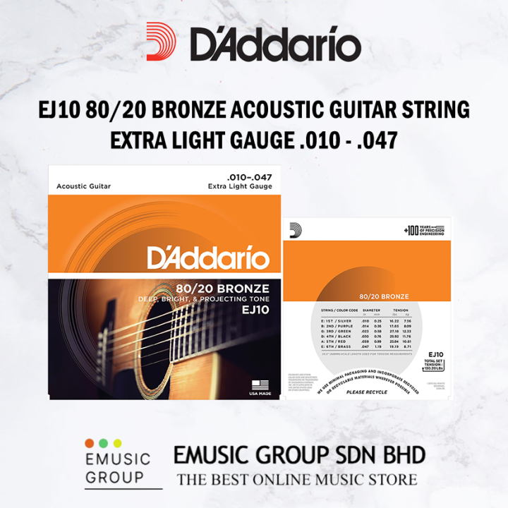 D'Addario Guitar Strings - Acoustic Guitar Strings - 80/20 Bronze - For 6  String Guitar - Deep, Bright, Projecting Tone - EJ10 - Extra Light, 10-47