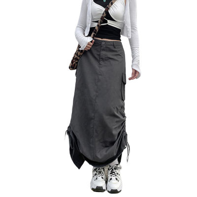 Soul Dancing ผู้หญิง Vintage Cargo กระโปรงแฟชั่นสีทึบห่อกางเกงหญิงต่ำเอวกว้าง Hem แยกกระโปรงยาว Y2K Streetwear สีเทา