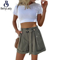 100% Polyester Fashion Women Clothing Summer Casual Green Shorts Women Belt【fast】