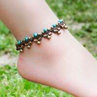 【CW】❐❖▪  Ethnic peacock  women ethnic green stones anklets chainsnew handmade braided foot chainsfashion brass bell vintage