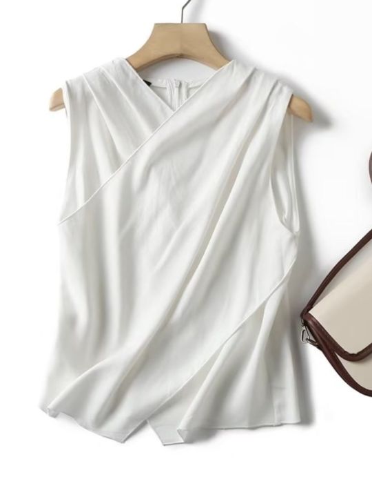 เสื้อผ้าผู้หญิงสไตล์แมสซิโม่ธิผ้าลินินสีขาวแขนกุดผสม-เสื้อผ้าสไตล์ฝรั่งเศสสำหรับฤดูร้อน2023เสื้อนอกเล็ก