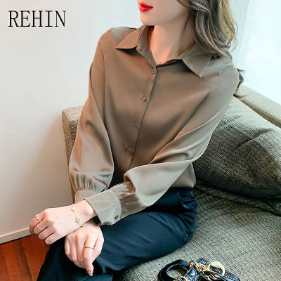 REHIN เสื้อผู้หญิงแขนยาวผ้าชีฟองมีปกแบบเรียบง่าย,เสื้อสไตล์ธุรกิจผ้าซาตินที่สง่างามใหม่ฤดูใบไม้ผลิ