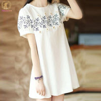 Lady Fashion Clothing Women Summer Fashion Flower Vintage Pattern Short Sleeve Loose Dress