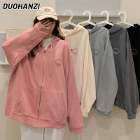 DUOHANZI เสื้อโค้ทสตรี,เสื้อคาร์ดิแกนแขนยาวมีฮู้ดสไตล์เกาหลีเสื้อแจ็คเก็ตลำลองขนาดพิเศษความยาวปานกลางพิมพ์ลาย