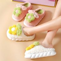 Winter Warm Slippers Women 4cm High Heels Non slip Plush Cotton Shoes Memory Foam Cute Flowers Home Bedroom Ladies Fur Slides