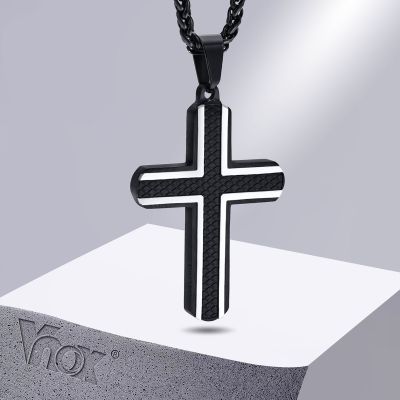 【CW】Vnox Cross Necklaces for Men  Blue Black Rhombus Stainless Steel with 60cm Wheat Chain  Stylish Cool Christ Jesus Faith Jewelry