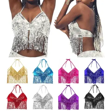 Cheap Women Shiny Sequins Tassels Halter Bra Tops Latin Belly Dance Costume  Club Party Festival Rave Crop Tops