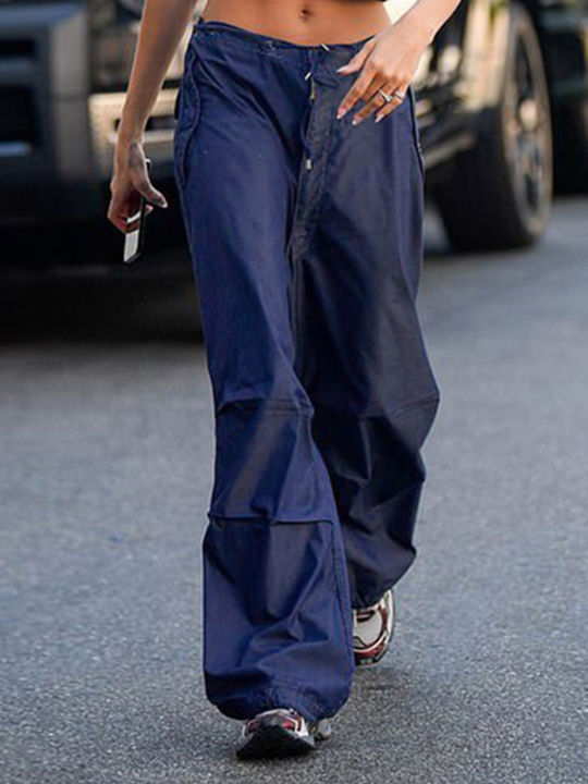 สตรีแฟชั่น-drawstring-กางเกงคาร์โก้สบายๆหลวมสีทึบกระเป๋าเอวต่ำกางเกงกางเกงฮิปฮอป-streetwear