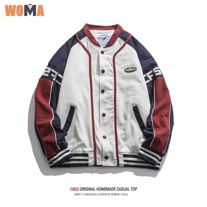 woma-เสื้อแจ็กเก็ตสไตล์แขนยาวนักขี่จักรยานชายเสื้อแจ็กเก็ตกระดุมแถวเดียวเครื่องแบบเบสบอลคอกลมเข้าได้กับทุกชุดคู่รัก