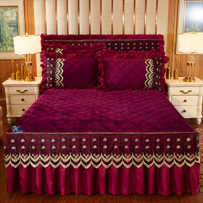 Crystal Velvet Bedspreads on The Bed Lace Thicken Quilted Bed Sheet Lace Bed Skirts Queen Double King Size Home Textiles