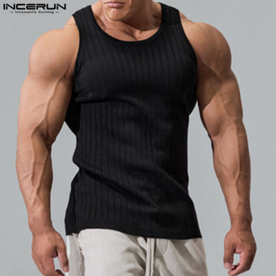 INCERUN เสื้อกล้ามผู้ชายแขนกุดลายทางเรียบระบายอากาศได้ดีเสื้อกล้ามแนวสปอร์ต (สไตล์เกาหลี)