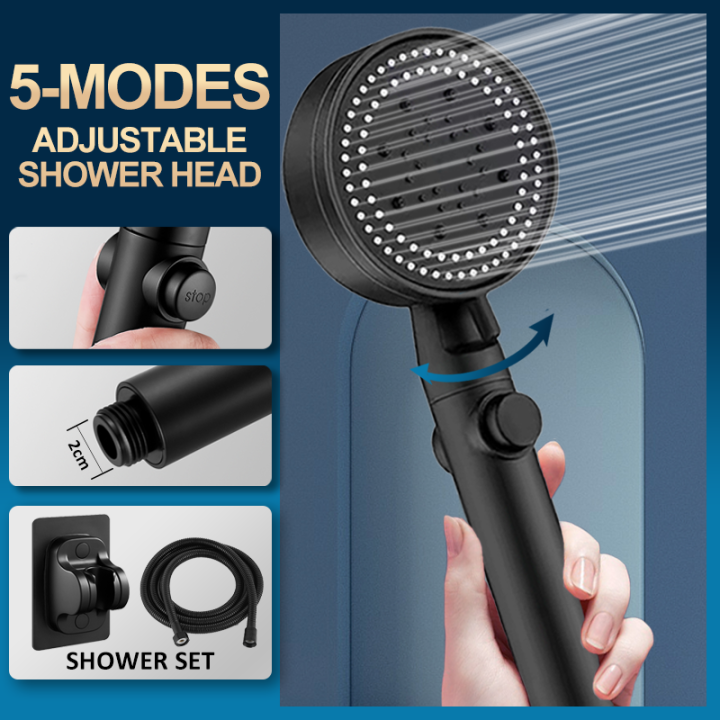 หัวฝักบัวประหยัดน้ำสีดำ5โหมดปรับฝักบัวแรงดันสูง-one-key-stop-water-massage-shower-อุปกรณ์ห้องน้ำ