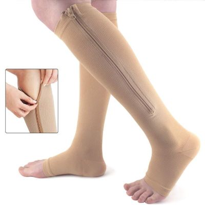 ：“{——  Compression Stockings Sports Pressure Long Cycling Socks Zipper Professional Leg Support Thick Women Socks