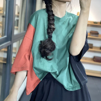 HolidayFashion เสื้อยืดแขนสั้นสำหรับผู้หญิง,เสื้อสีตัดกันทรงหลวมสีศิลปะใหม่สำหรับฤดูร้อนขนาดพิเศษ HFT281