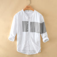 Breathable 3/4 Sleeve Stand Collar Shirt Men S Loose Casual Round Neck Shirt Oxford Spinning Contrast Shirt