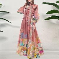 jkk Fashion Floral Print Boho Bow Collar Loose Lantern Sleeve Evening Dresses